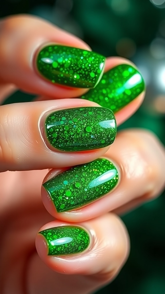 Festive Green Glitter Christmas Nail Art Close-up of green glitter Christmas nails with a sparkling finish.
